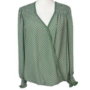 Max Studio V-neck Snap Closure Long Sleeve Smocked Aztec Print Blouse